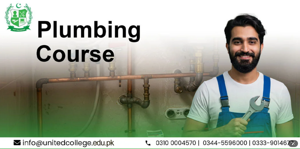 A man in blue overalls holds a wrench, standing in front of exposed pipes, with text reading "Plumbing Course" and contact details below.